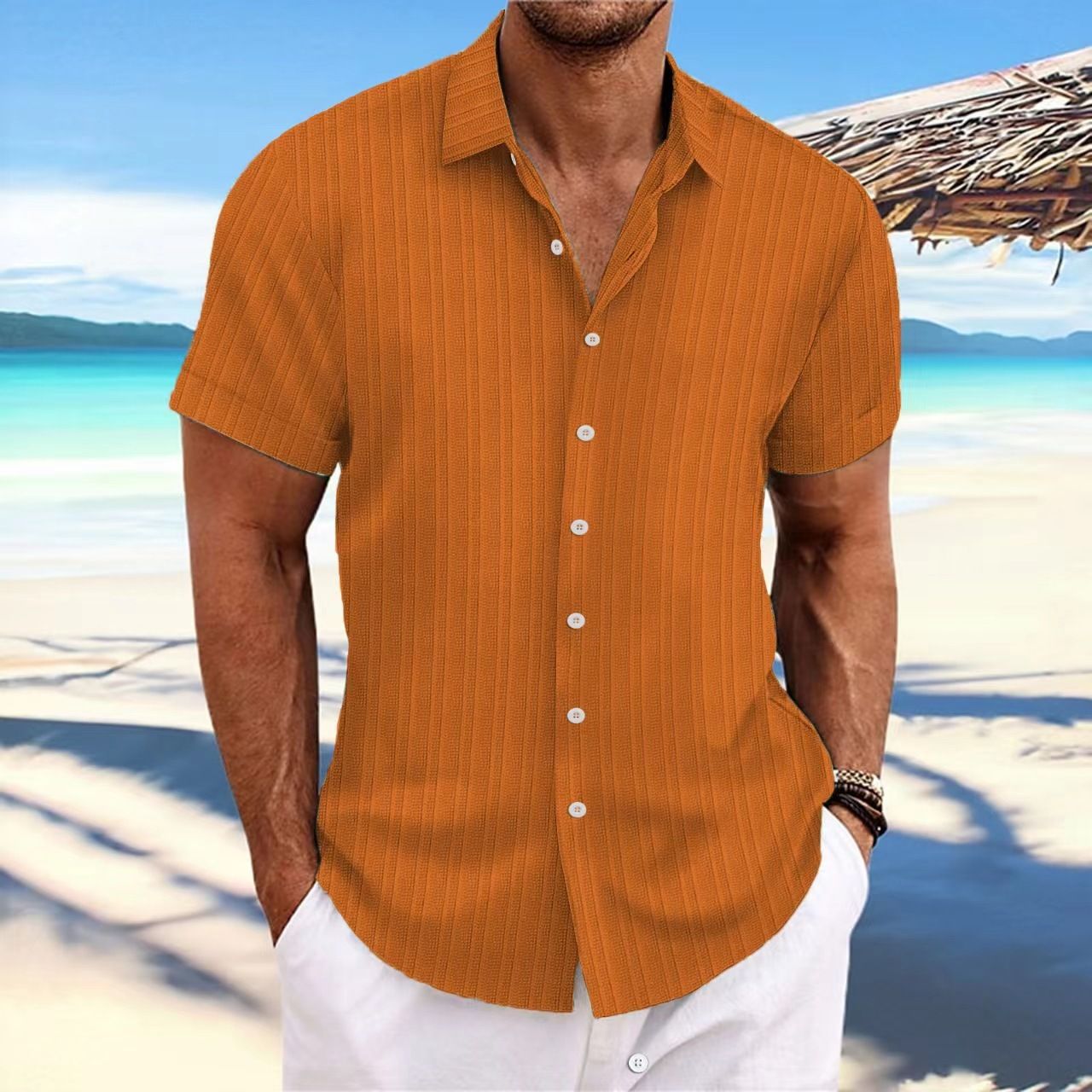 Solid Color Jacquard Strip Short-sleeved Shirt Men's Daily Wear Woven Summer Shirt for Weekend Casual