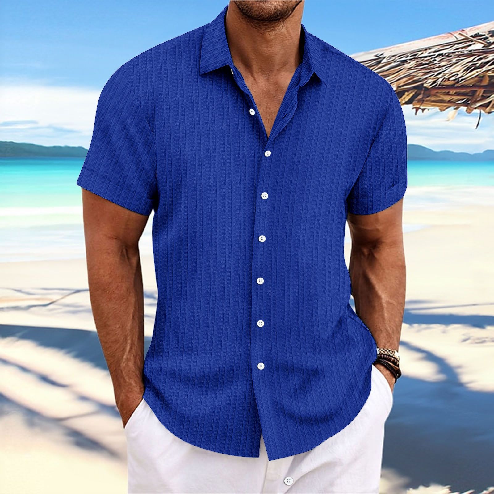 Solid Color Jacquard Strip Short-sleeved Shirt Men's Daily Wear Woven Summer Shirt for Weekend Casual