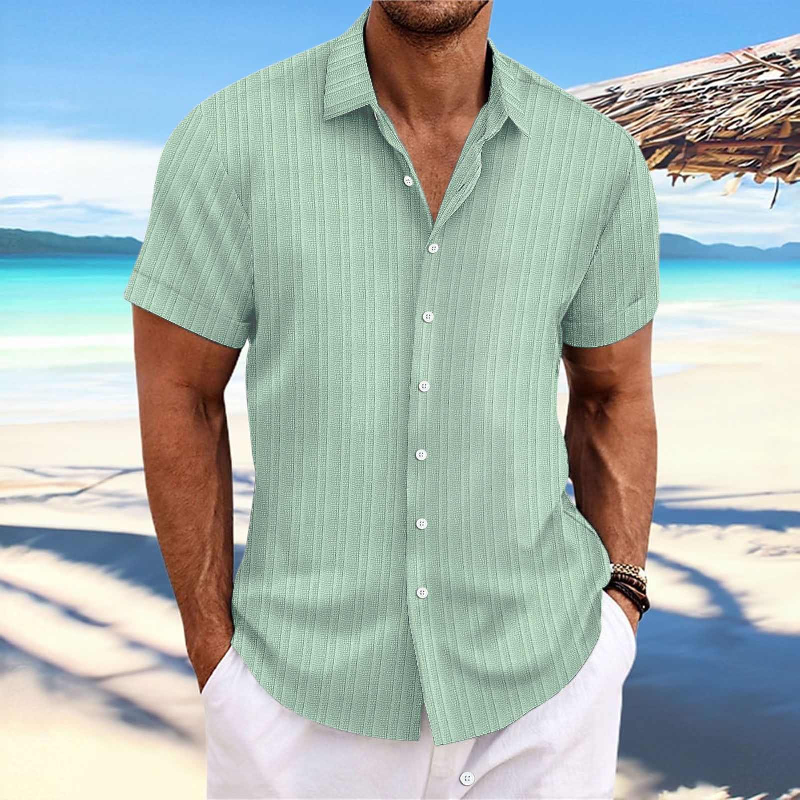 Solid Color Jacquard Strip Short-sleeved Shirt Men's Daily Wear Woven Summer Shirt for Weekend Casual