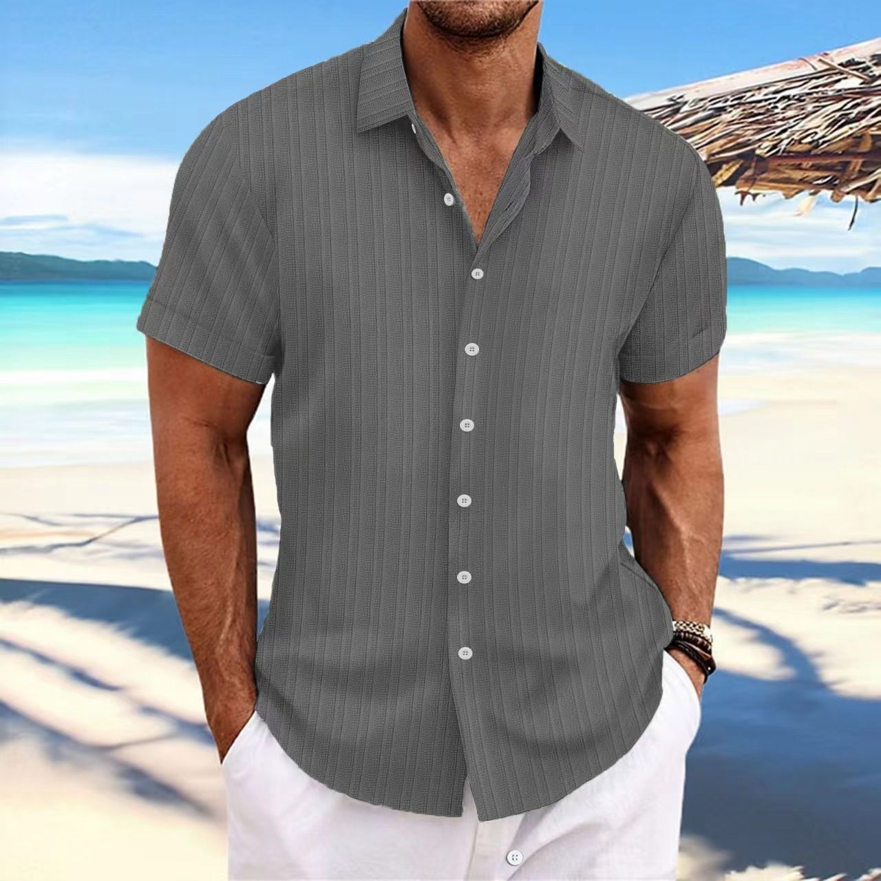 Solid Color Jacquard Strip Short-sleeved Shirt Men's Daily Wear Woven Summer Shirt for Weekend Casual