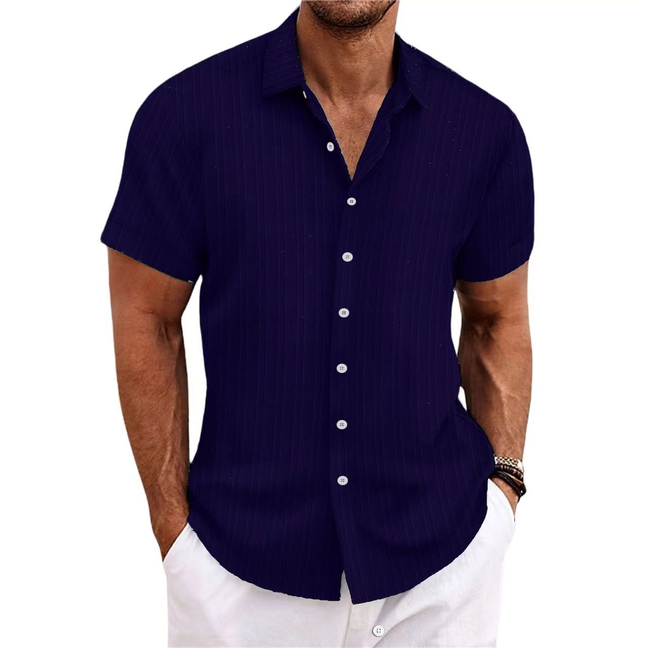 Solid Color Jacquard Strip Short-sleeved Shirt Men's Daily Wear Woven Summer Shirt for Weekend Casual