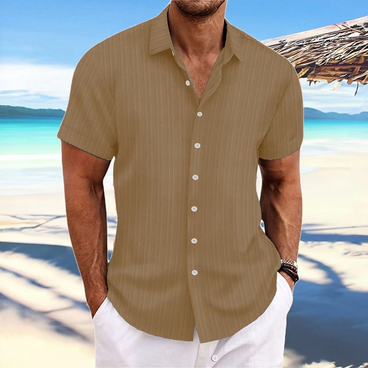 Solid Color Jacquard Strip Short-sleeved Shirt Men's Daily Wear Woven Summer Shirt for Weekend Casual