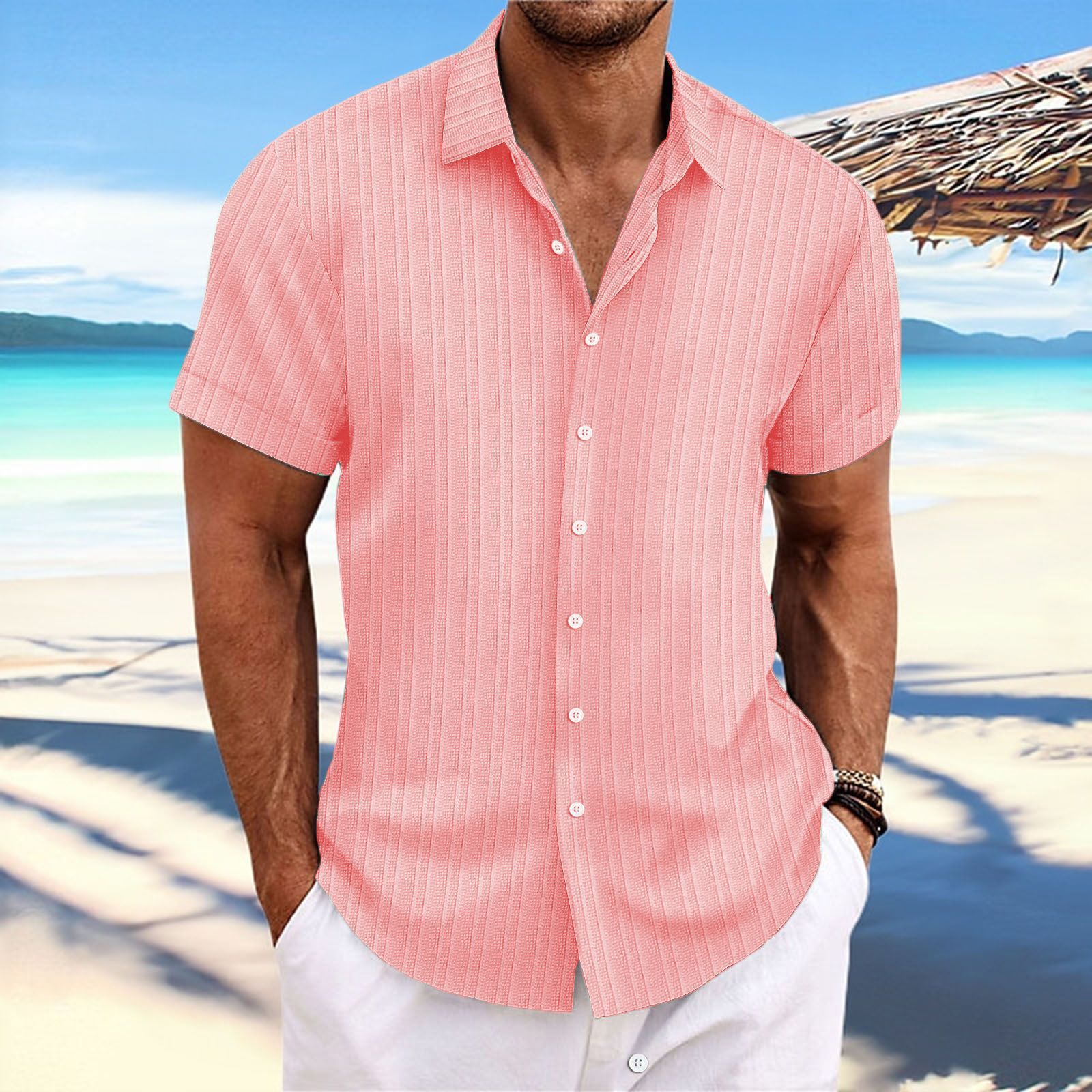 Solid Color Jacquard Strip Short-sleeved Shirt Men's Daily Wear Woven Summer Shirt for Weekend Casual
