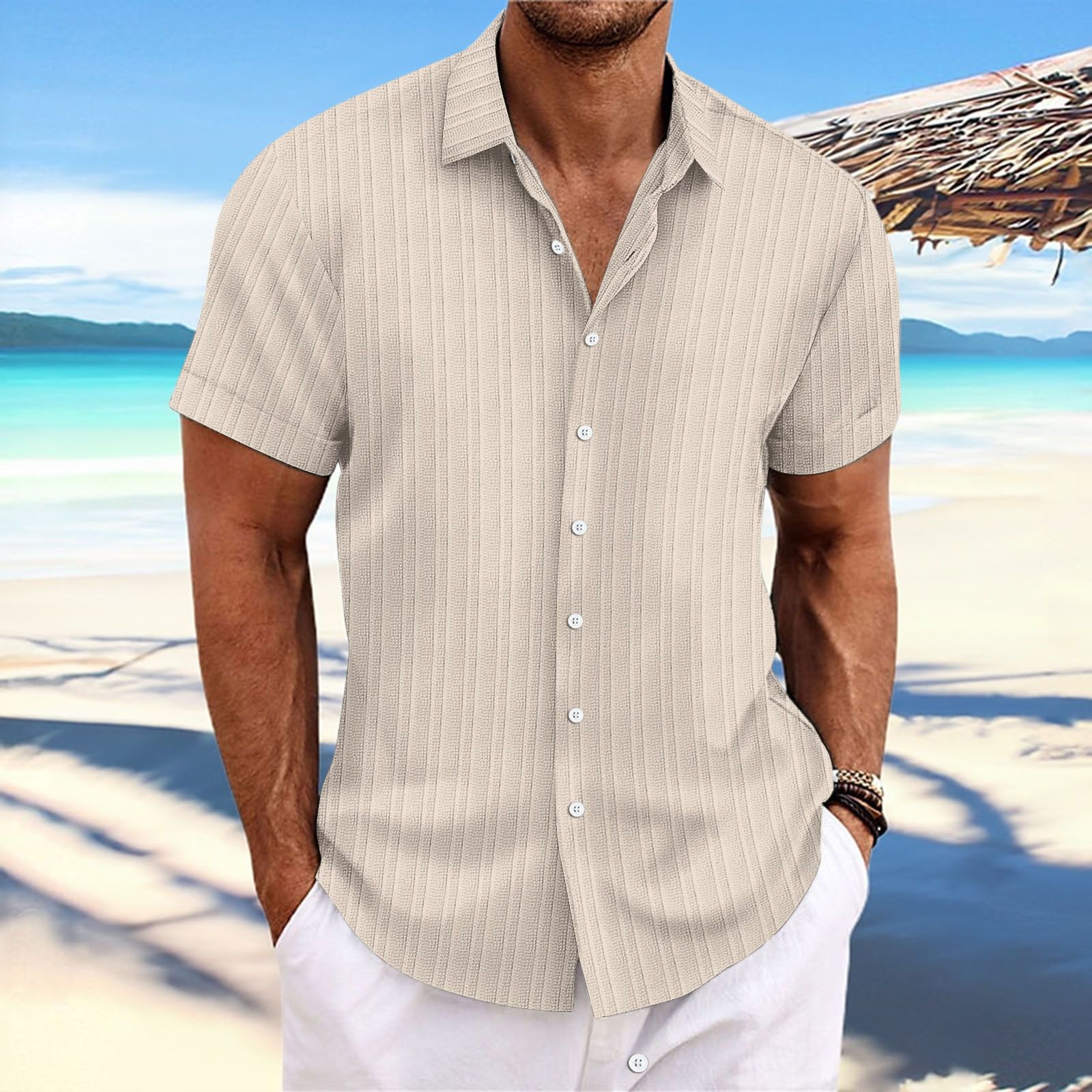 Solid Color Jacquard Strip Short-sleeved Shirt Men's Daily Wear Woven Summer Shirt for Weekend Casual