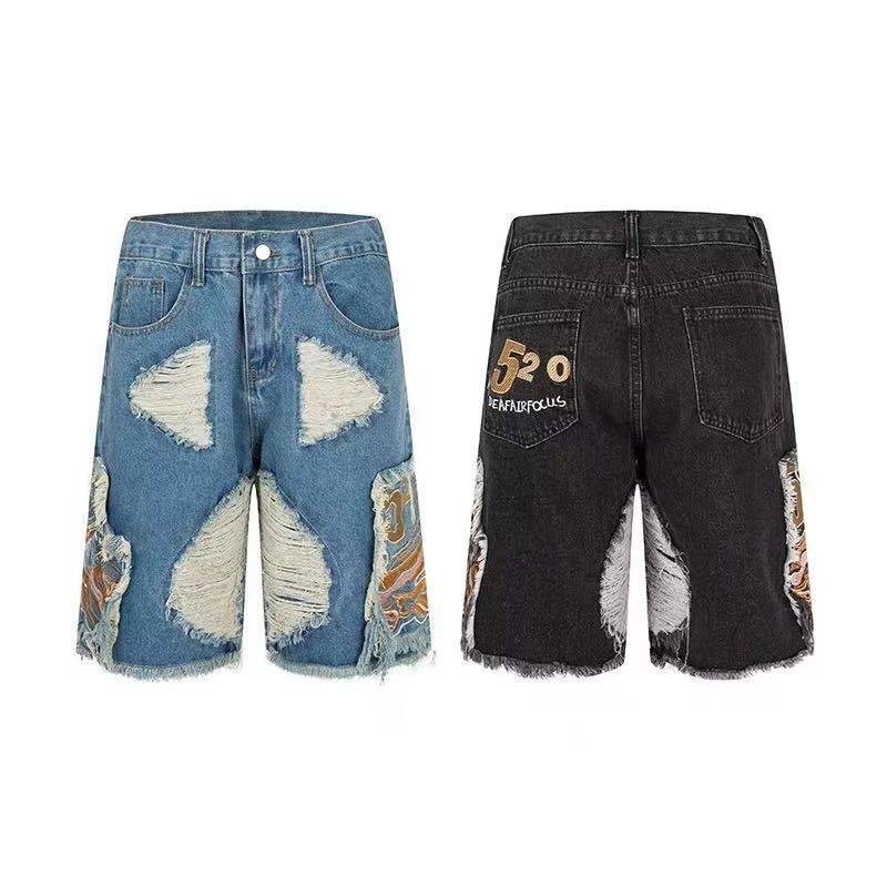 Men's Hip-Hop Baggy Denim Shorts | Men's Baggy Distressed Denim Shorts | Street Style Summer Shorts | Distressed Ripped, Embroidered Patchwork & Fringe for Streetwear Fashion Style