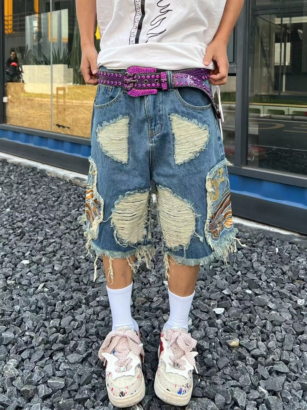 Men's Hip-Hop Baggy Denim Shorts | Men's Baggy Distressed Denim Shorts | Street Style Summer Shorts | Distressed Ripped, Embroidered Patchwork & Fringe for Streetwear Fashion Style
