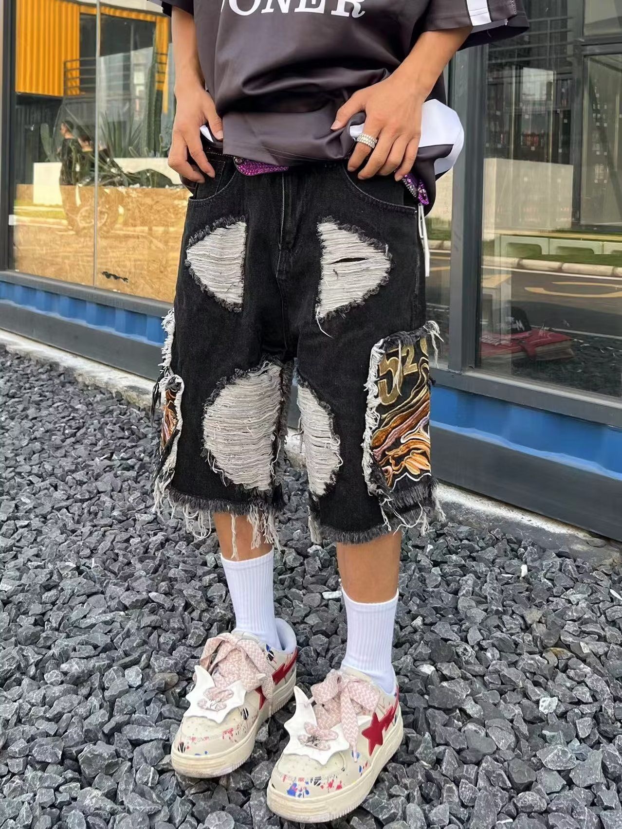 Men's Hip-Hop Baggy Denim Shorts | Men's Baggy Distressed Denim Shorts | Street Style Summer Shorts | Distressed Ripped, Embroidered Patchwork & Fringe for Streetwear Fashion Style