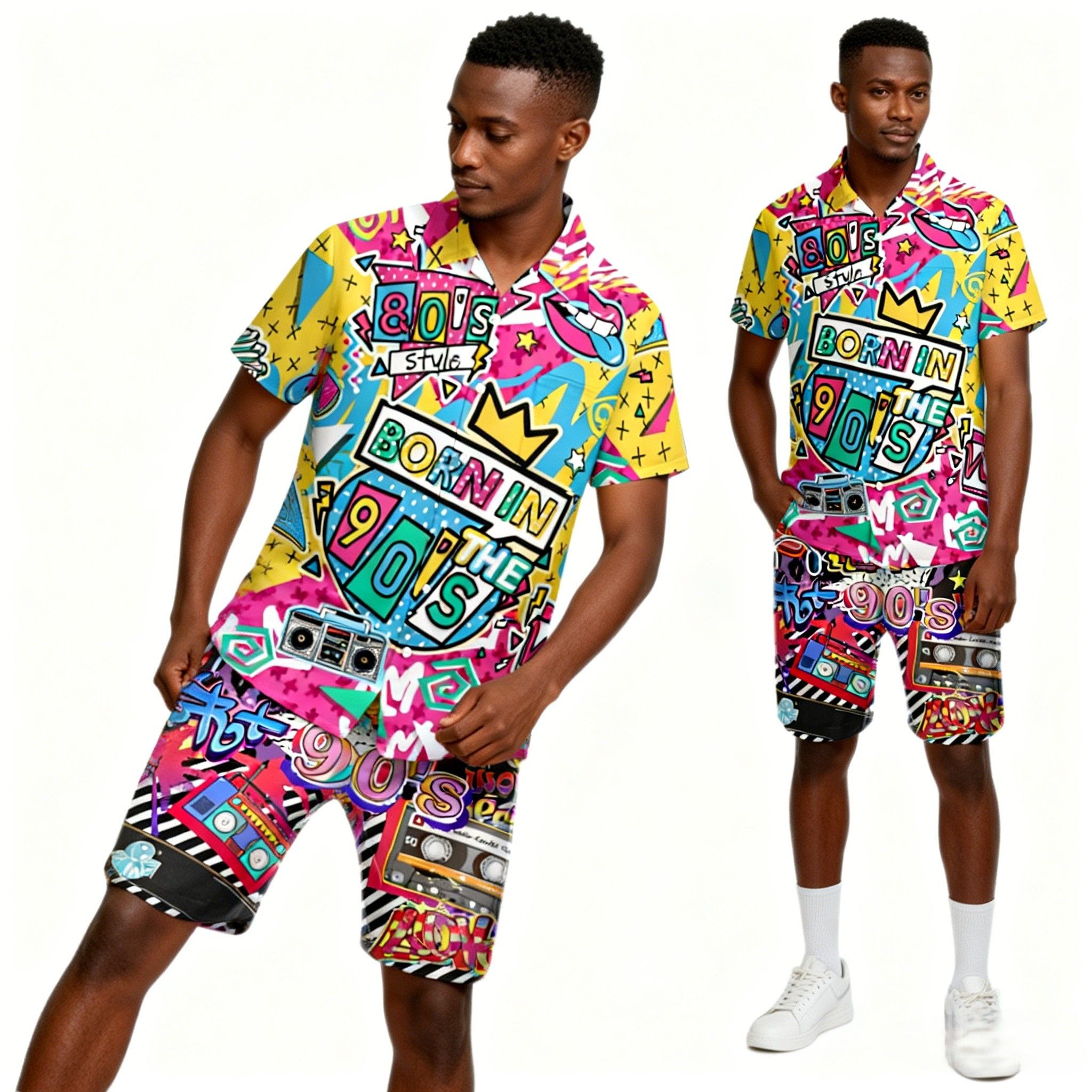 New Fashion🔥Men's 80s/90s Retro Print Two-Piece Set | Breathable Summer Outfit | Vibrant Casual Shirt & Shorts Outfit,Eye-Catching Design for Summer Beach & Party Wear