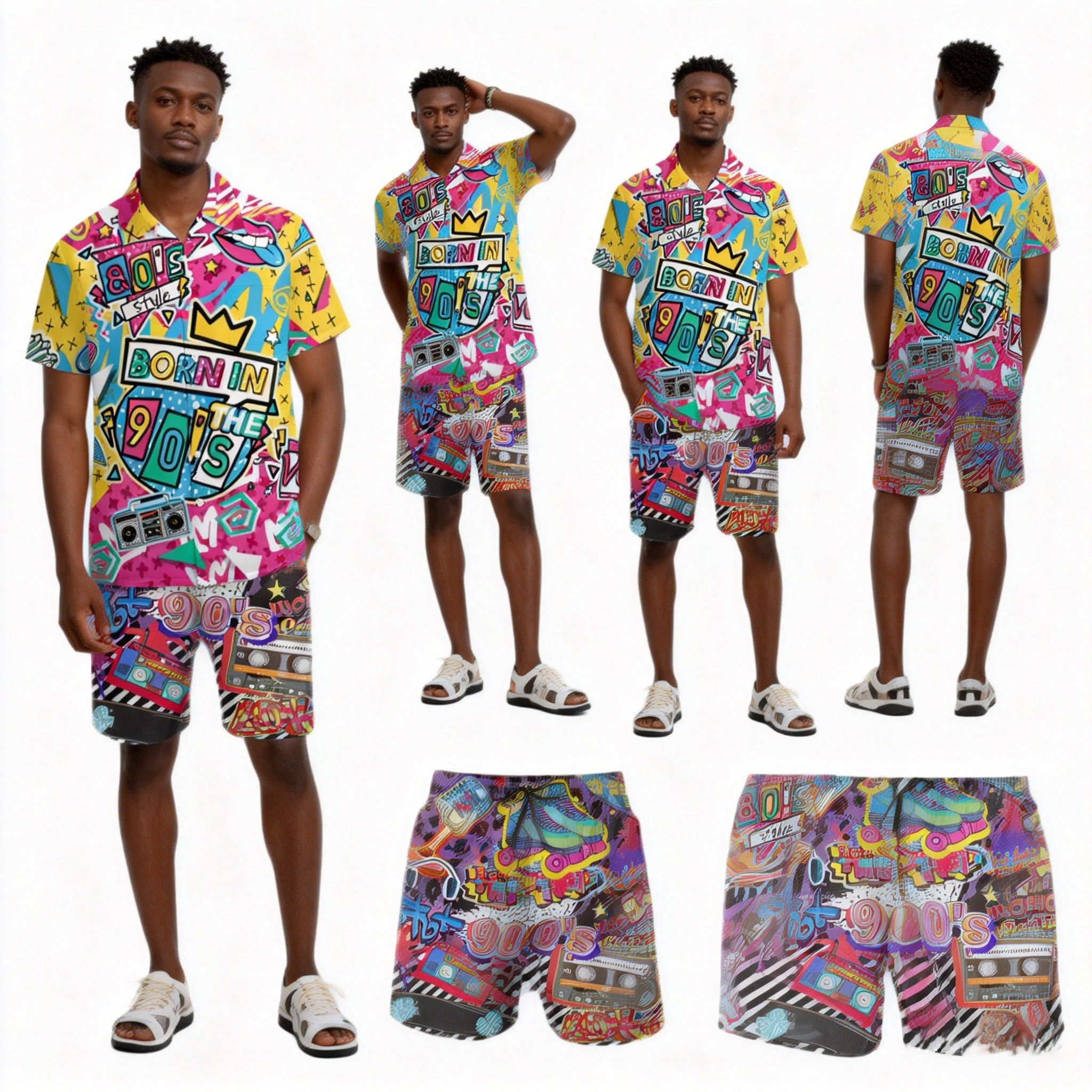 New Fashion🔥Men's 80s/90s Retro Print Two-Piece Set | Breathable Summer Outfit | Vibrant Casual Shirt & Shorts Outfit,Eye-Catching Design for Summer Beach & Party Wear