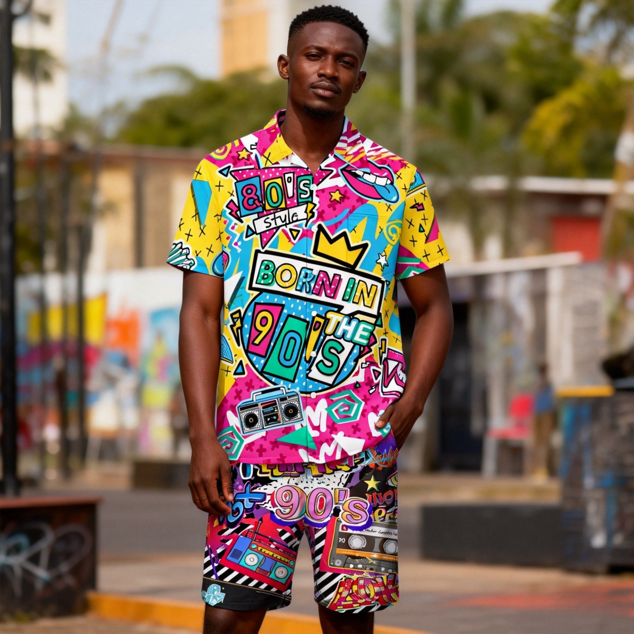 New Fashion🔥Men's 80s/90s Retro Print Two-Piece Set | Breathable Summer Outfit | Vibrant Casual Shirt & Shorts Outfit,Eye-Catching Design for Summer Beach & Party Wear