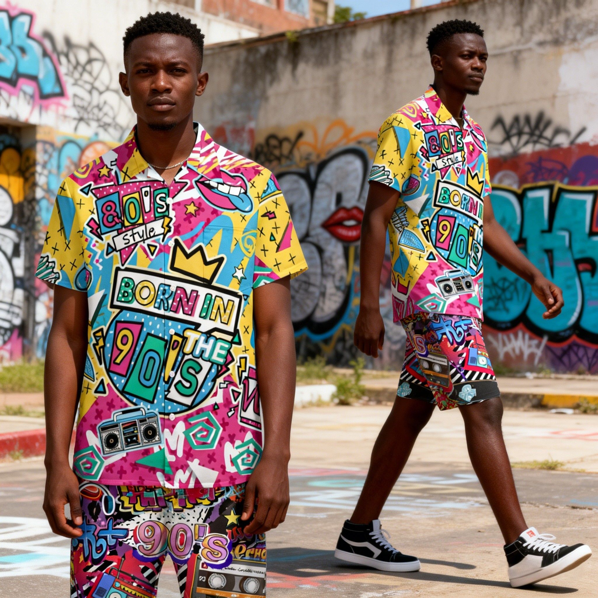 New Fashion🔥Men's 80s/90s Retro Print Two-Piece Set | Breathable Summer Outfit | Vibrant Casual Shirt & Shorts Outfit,Eye-Catching Design for Summer Beach & Party Wear