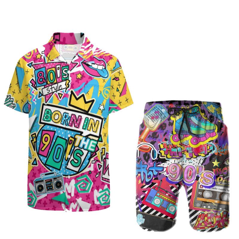 New Fashion🔥Men's 80s/90s Retro Print Two-Piece Set | Breathable Summer Outfit | Vibrant Casual Shirt & Shorts Outfit,Eye-Catching Design for Summer Beach & Party Wear