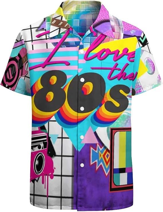New Arrvial🔥Men's Retro 80s Print Hawaiian Shirt | Vibrant Short Sleeve Button-Up |  Breathable Fabric for Summer Beach & Party & Casual Wear | Eye-Catching Design