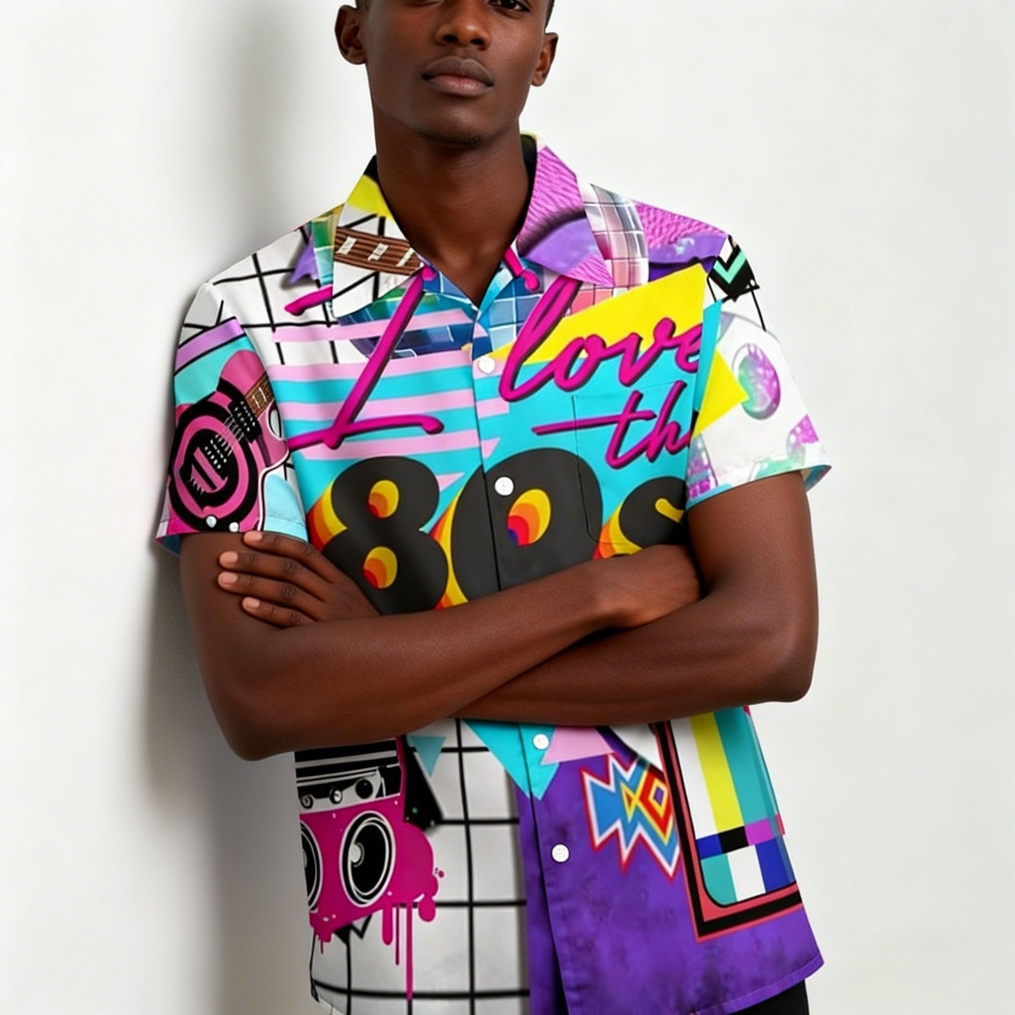 New Arrvial🔥Men's Retro 80s Print Hawaiian Shirt | Vibrant Short Sleeve Button-Up |  Breathable Fabric for Summer Beach & Party & Casual Wear | Eye-Catching Design