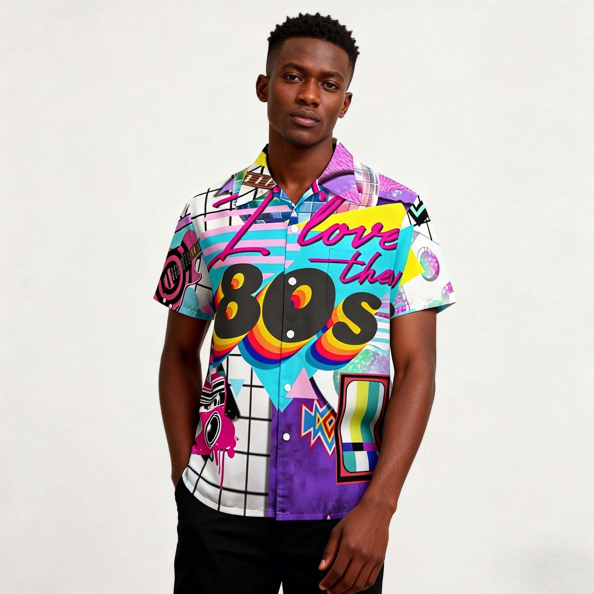 New Arrvial🔥Men's Retro 80s Print Hawaiian Shirt | Vibrant Short Sleeve Button-Up |  Breathable Fabric for Summer Beach & Party & Casual Wear | Eye-Catching Design