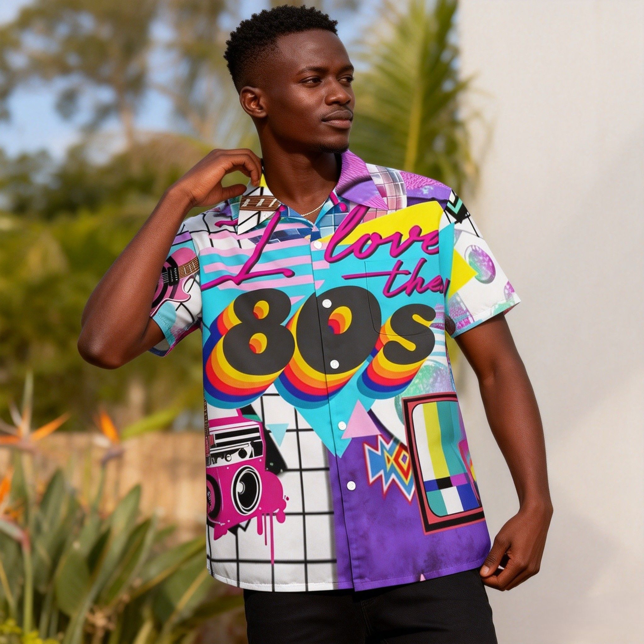 New Arrvial🔥Men's Retro 80s Print Hawaiian Shirt | Vibrant Short Sleeve Button-Up |  Breathable Fabric for Summer Beach & Party & Casual Wear | Eye-Catching Design