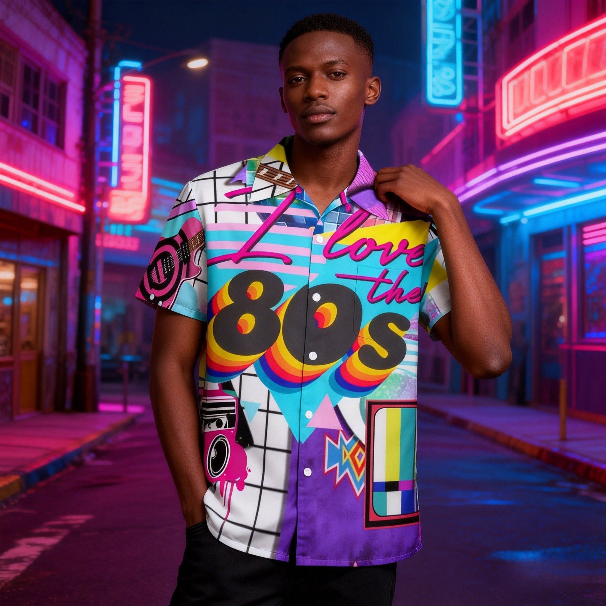 New Arrvial🔥Men's Retro 80s Print Hawaiian Shirt | Vibrant Short Sleeve Button-Up |  Breathable Fabric for Summer Beach & Party & Casual Wear | Eye-Catching Design