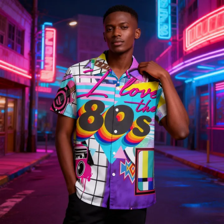 New Arrvial🔥Men's Retro 80s Print Hawaiian Shirt | Vibrant Short Sleeve Button-Up |  Breathable Fabric for Summer Beach & Party & Casual Wear | Eye-Catching Design