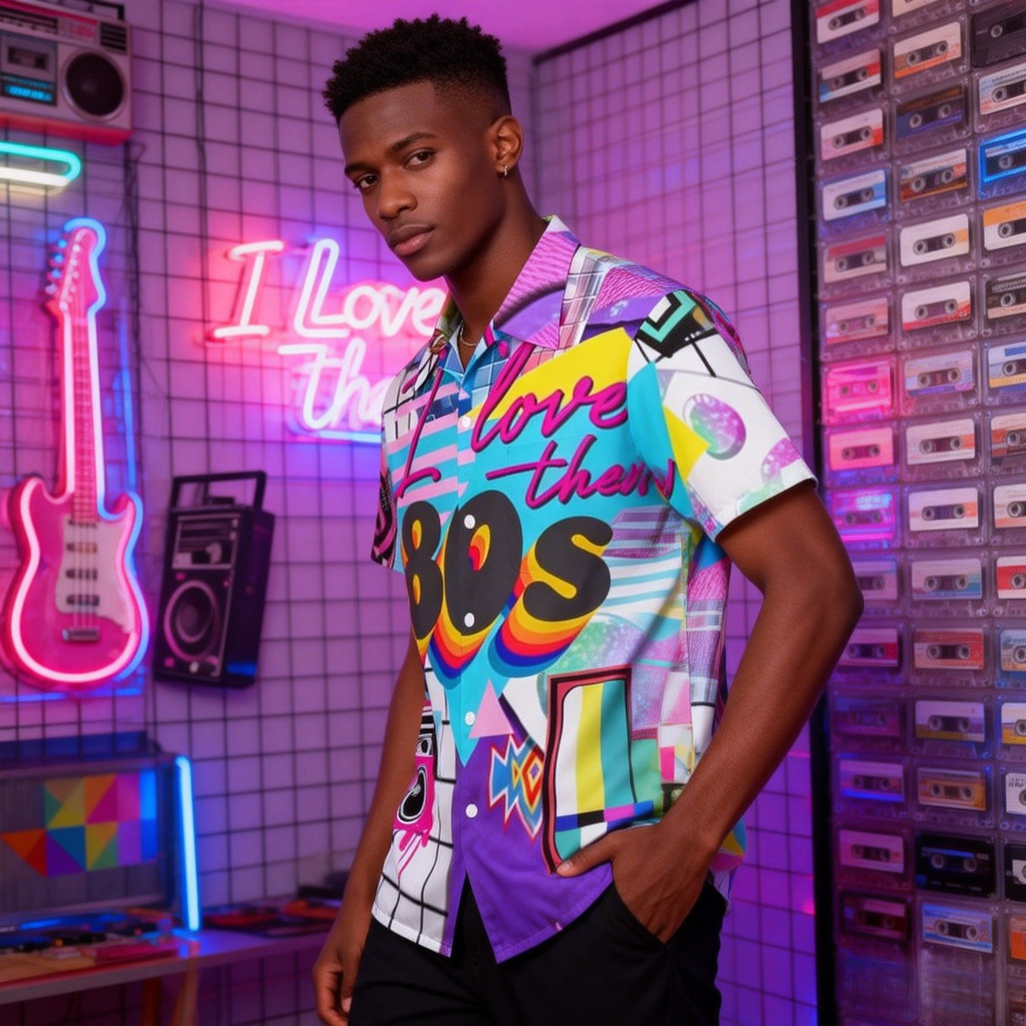 New Arrvial🔥Men's Retro 80s Print Hawaiian Shirt | Vibrant Short Sleeve Button-Up |  Breathable Fabric for Summer Beach & Party & Casual Wear | Eye-Catching Design