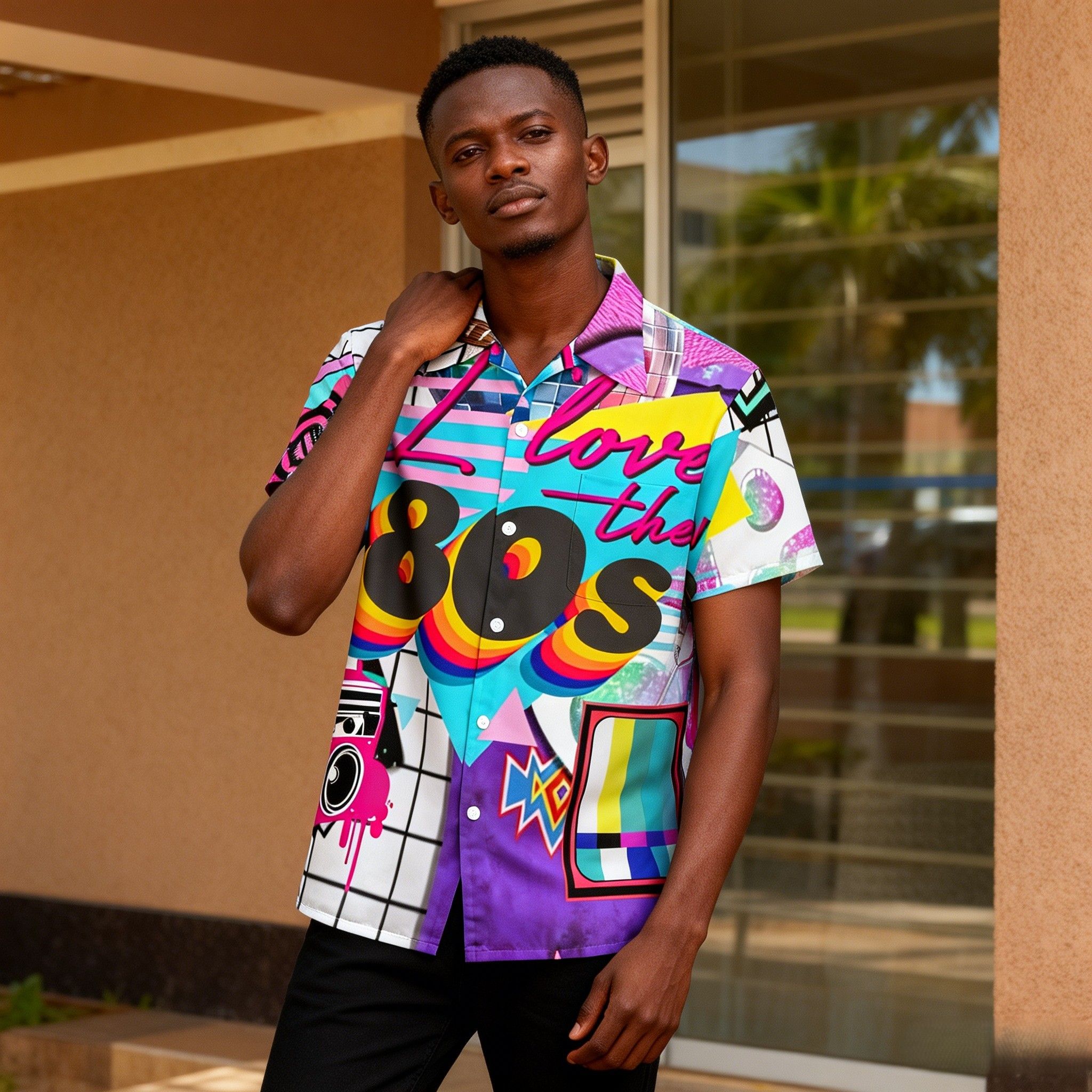 New Arrvial🔥Men's Retro 80s Print Hawaiian Shirt | Vibrant Short Sleeve Button-Up |  Breathable Fabric for Summer Beach & Party & Casual Wear | Eye-Catching Design