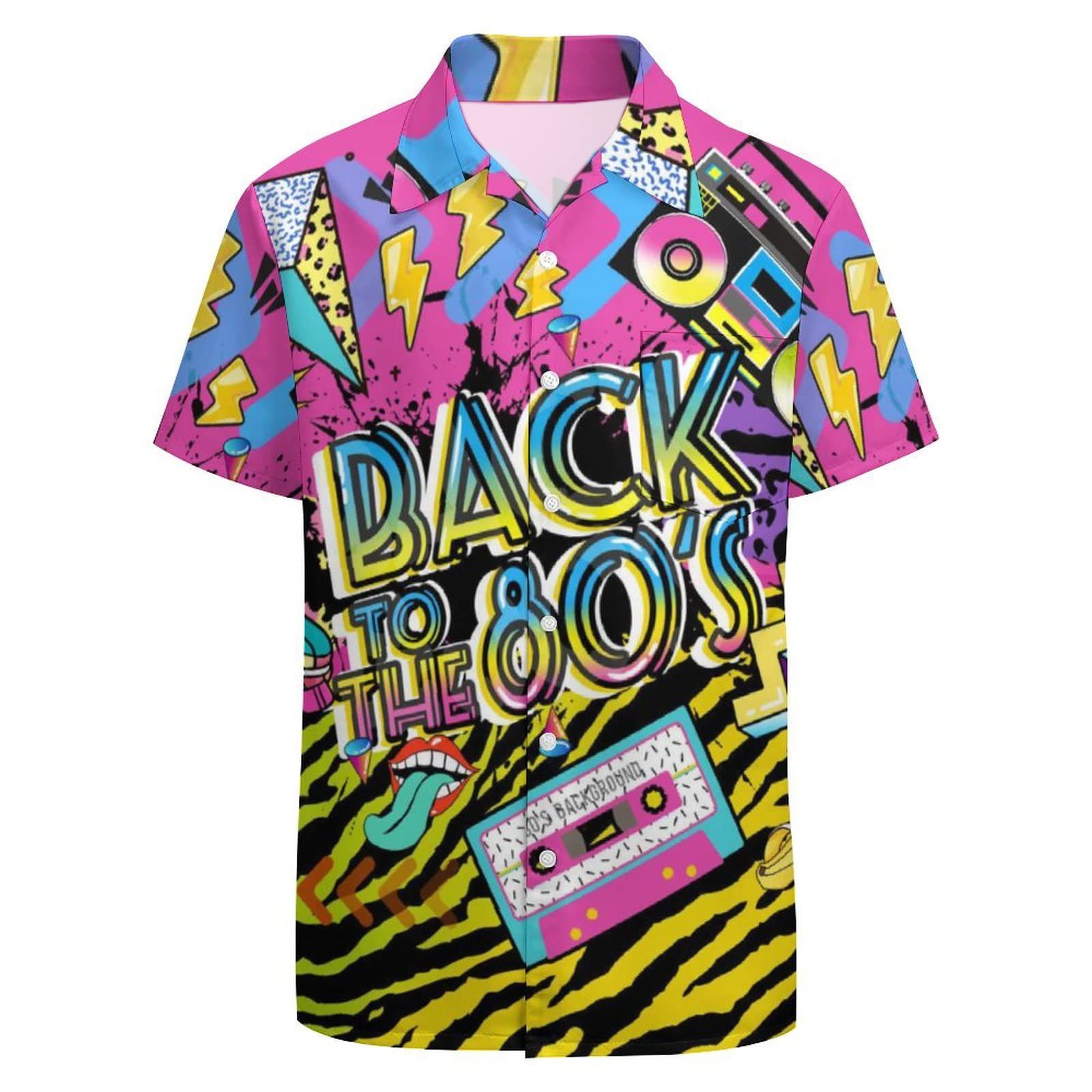New Trend🔥Men's 80s Pop Culture Print Hawaiian Shirt | Vibrant Neon Graphics, Breathable Fabric for Tropical Climates | Retro Boombox & Rainbow Print, Perfect for Beach & Festival Fashion