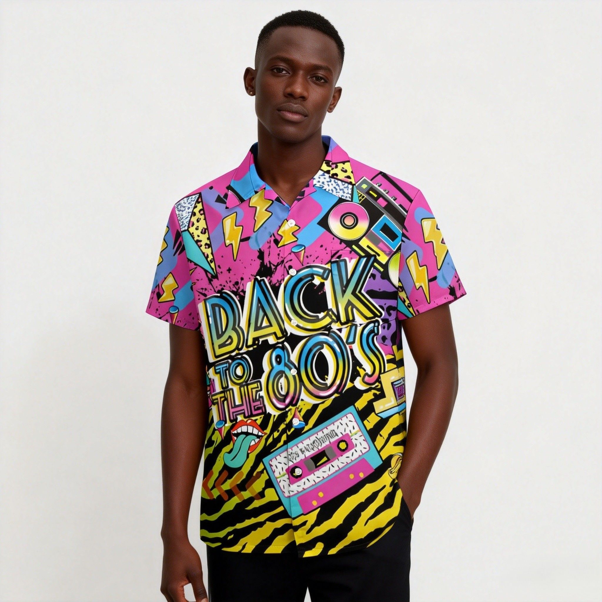 New Trend🔥Men's 80s Pop Culture Print Hawaiian Shirt | Vibrant Neon Graphics, Breathable Fabric for Tropical Climates | Retro Boombox & Rainbow Print, Perfect for Beach & Festival Fashion
