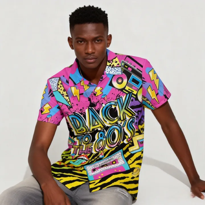 New Trend🔥Men's 80s Pop Culture Print Hawaiian Shirt | Vibrant Neon Graphics, Breathable Fabric for Tropical Climates | Retro Boombox & Rainbow Print, Perfect for Beach & Festival Fashion