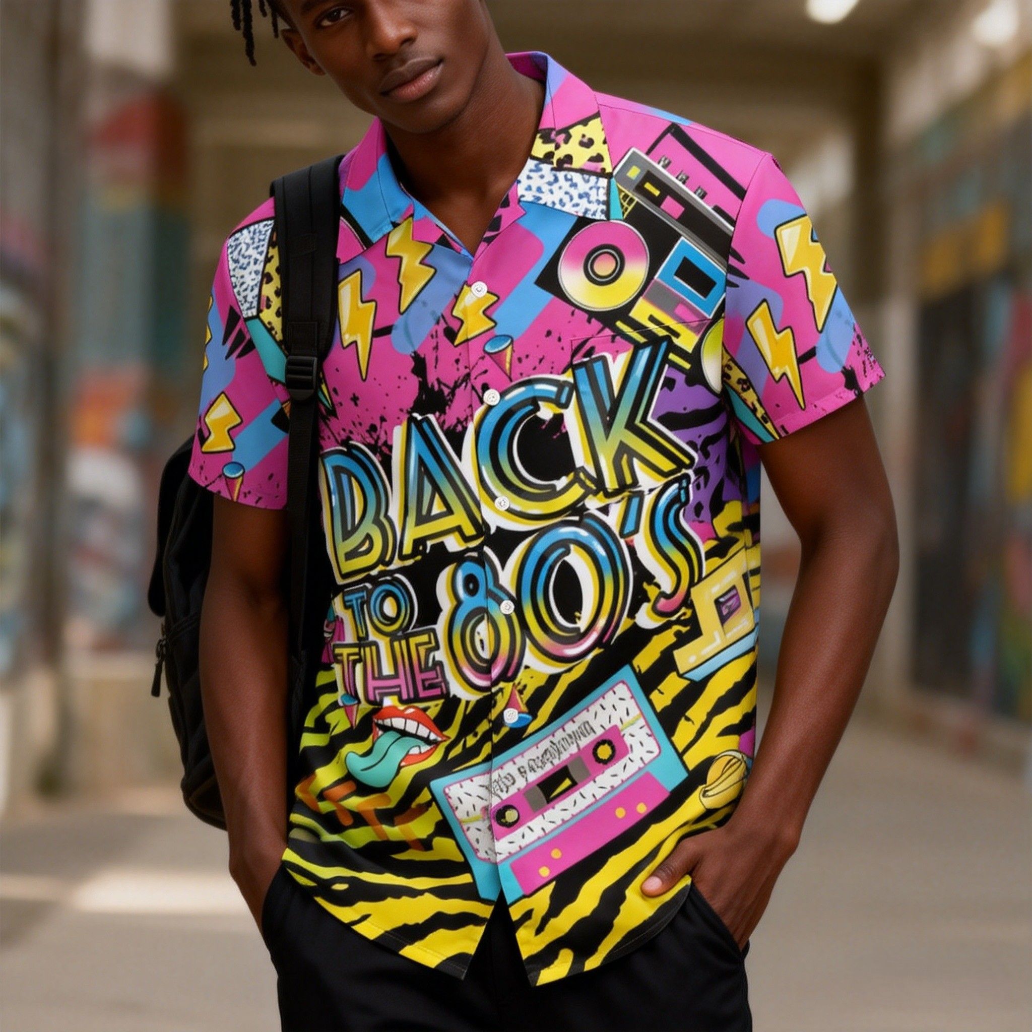 New Trend🔥Men's 80s Pop Culture Print Hawaiian Shirt | Vibrant Neon Graphics, Breathable Fabric for Tropical Climates | Retro Boombox & Rainbow Print, Perfect for Beach & Festival Fashion