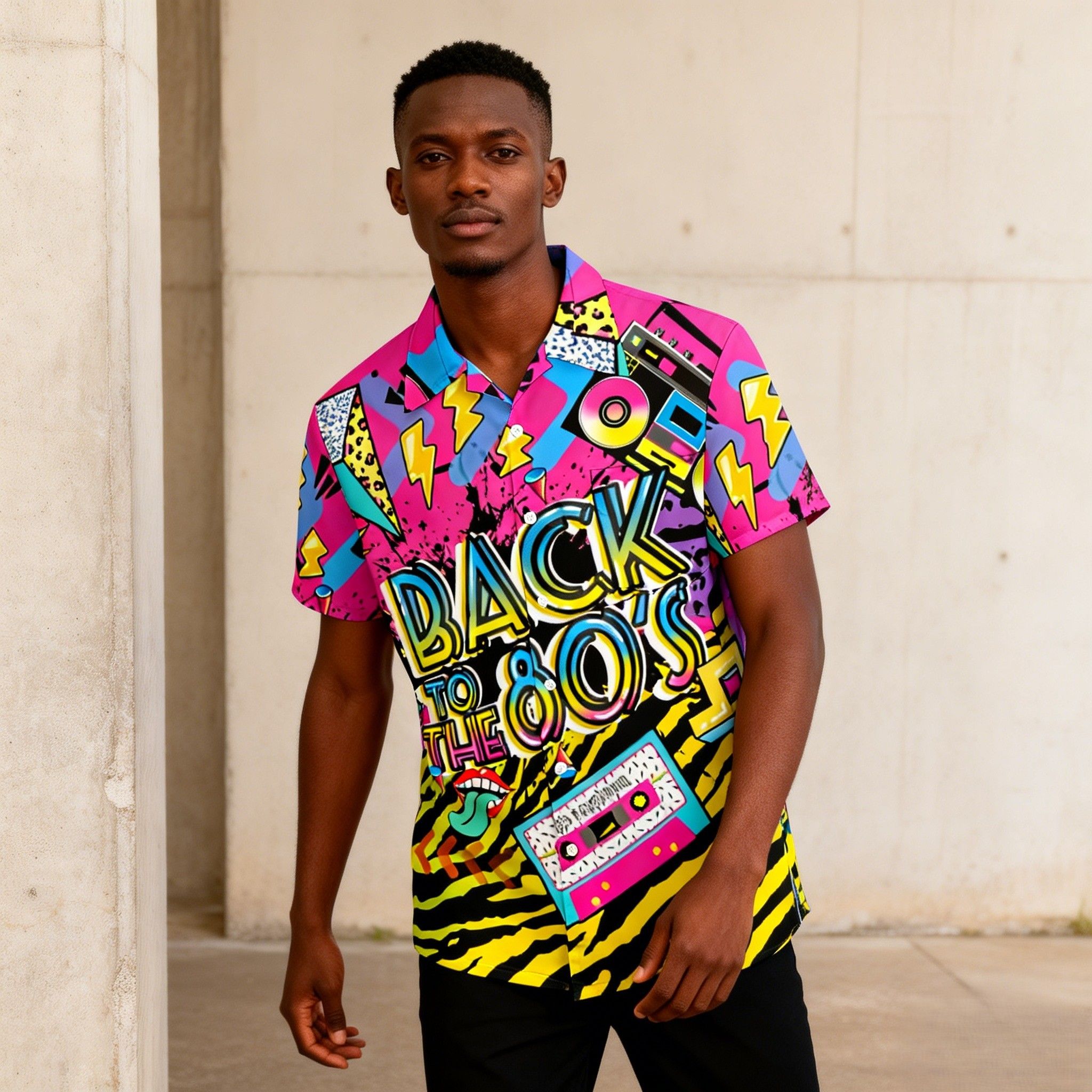 New Trend🔥Men's 80s Pop Culture Print Hawaiian Shirt | Vibrant Neon Graphics, Breathable Fabric for Tropical Climates | Retro Boombox & Rainbow Print, Perfect for Beach & Festival Fashion