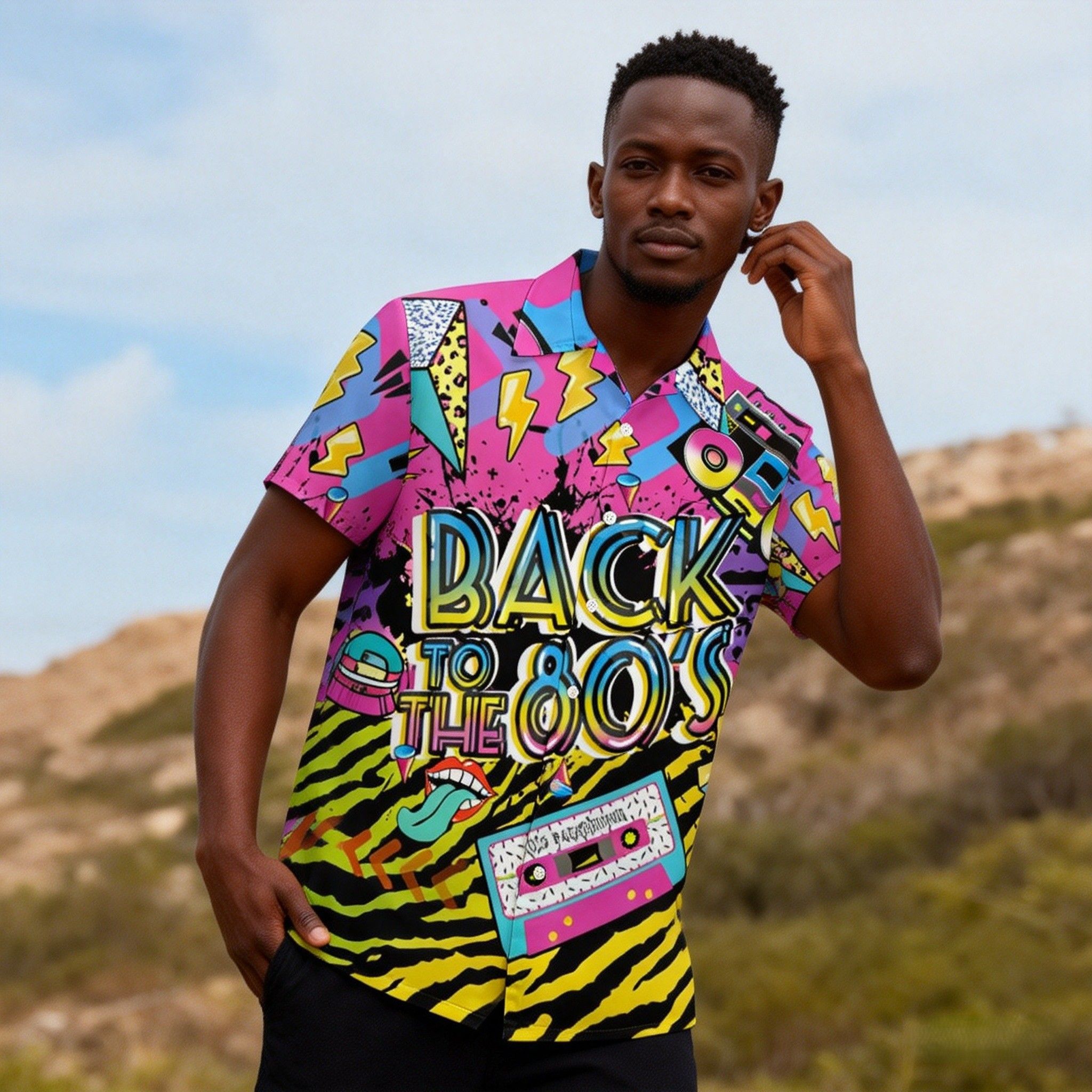 New Trend🔥Men's 80s Pop Culture Print Hawaiian Shirt | Vibrant Neon Graphics, Breathable Fabric for Tropical Climates | Retro Boombox & Rainbow Print, Perfect for Beach & Festival Fashion