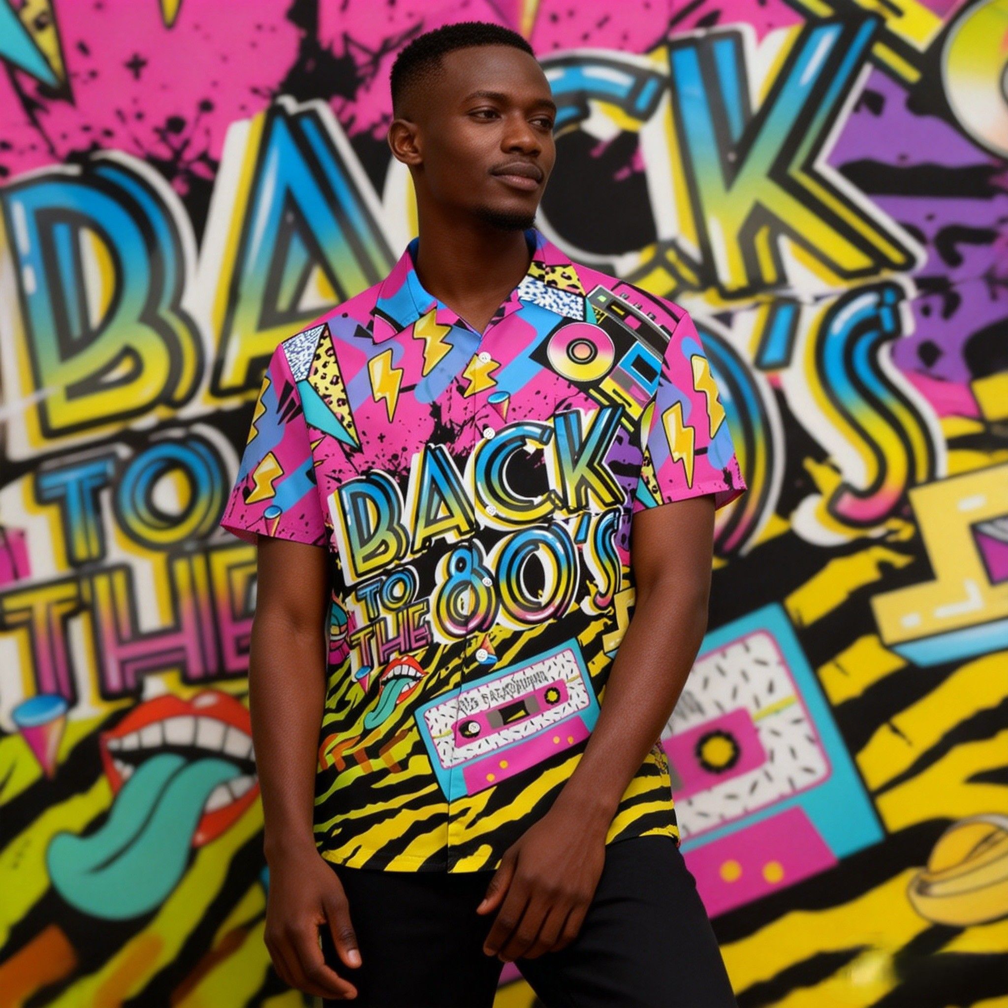 New Trend🔥Men's 80s Pop Culture Print Hawaiian Shirt | Vibrant Neon Graphics, Breathable Fabric for Tropical Climates | Retro Boombox & Rainbow Print, Perfect for Beach & Festival Fashion