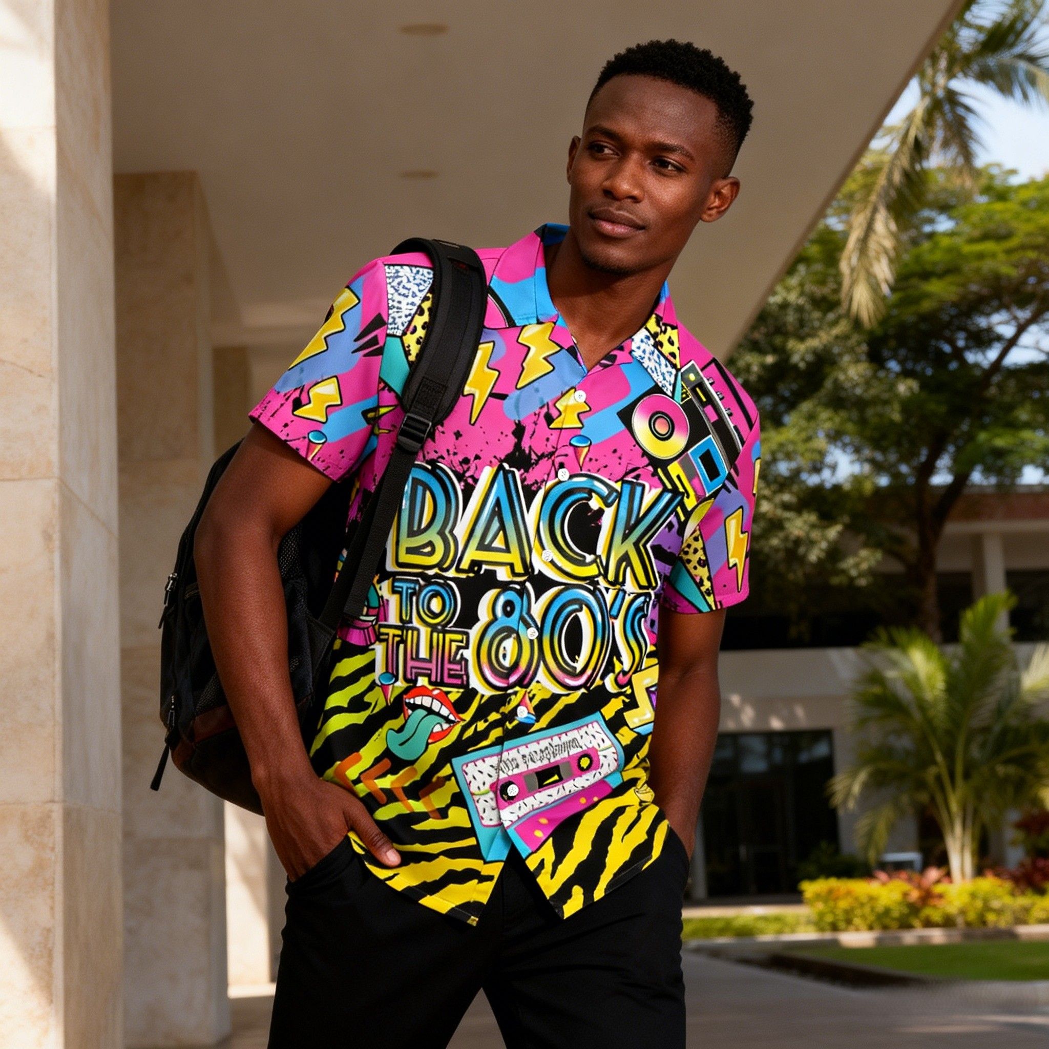 New Trend🔥Men's 80s Pop Culture Print Hawaiian Shirt | Vibrant Neon Graphics, Breathable Fabric for Tropical Climates | Retro Boombox & Rainbow Print, Perfect for Beach & Festival Fashion