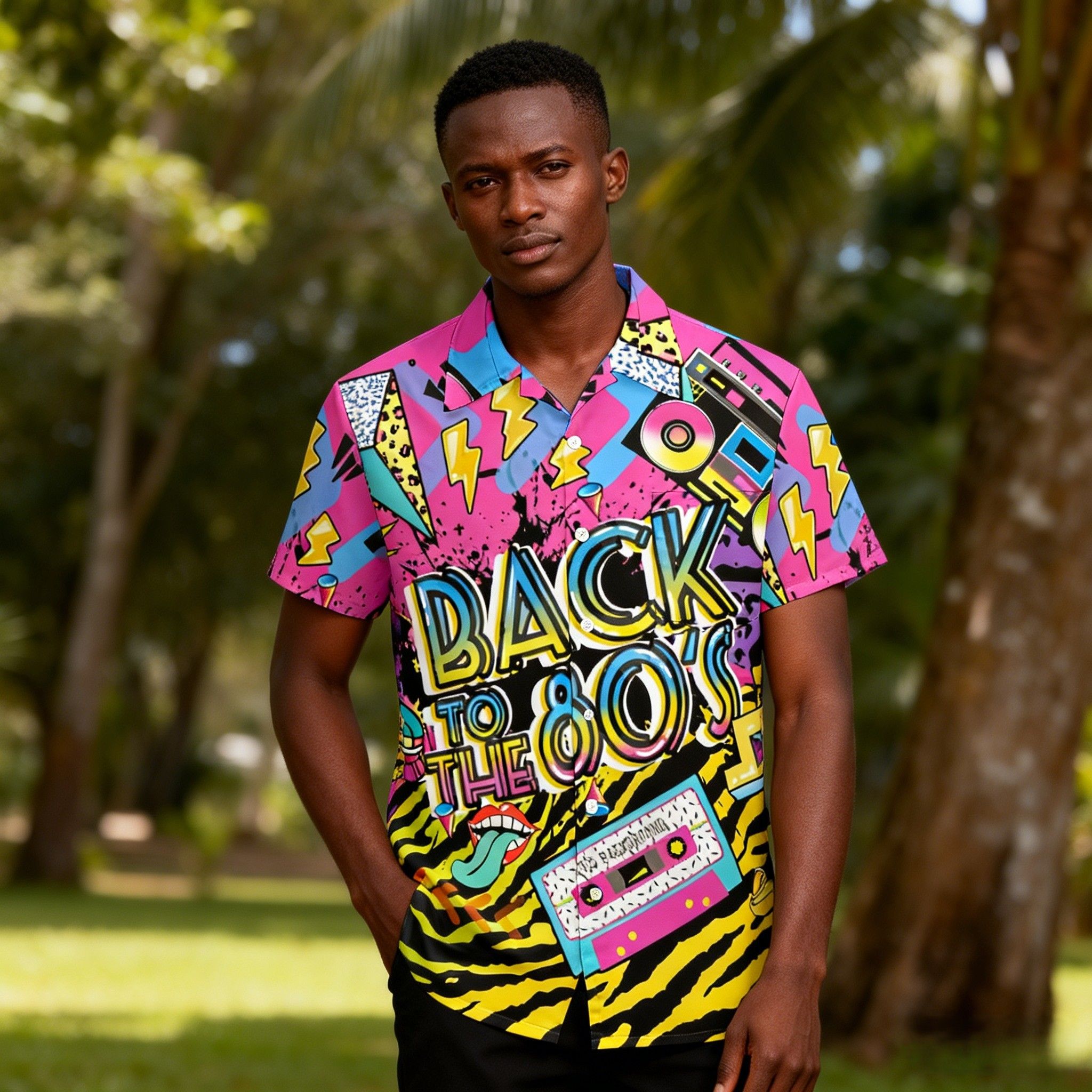 New Trend🔥Men's 80s Pop Culture Print Hawaiian Shirt | Vibrant Neon Graphics, Breathable Fabric for Tropical Climates | Retro Boombox & Rainbow Print, Perfect for Beach & Festival Fashion