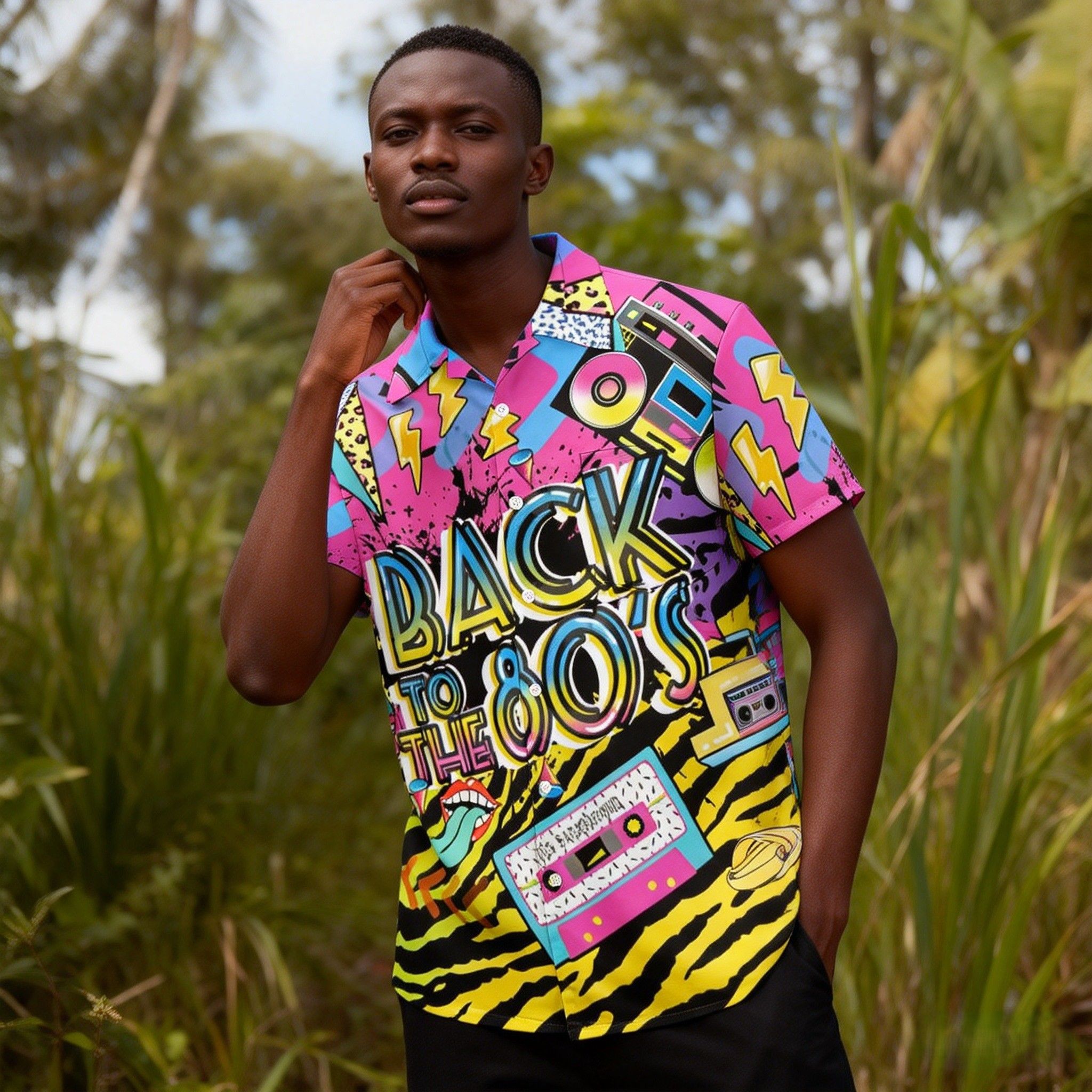 New Trend🔥Men's 80s Pop Culture Print Hawaiian Shirt | Vibrant Neon Graphics, Breathable Fabric for Tropical Climates | Retro Boombox & Rainbow Print, Perfect for Beach & Festival Fashion