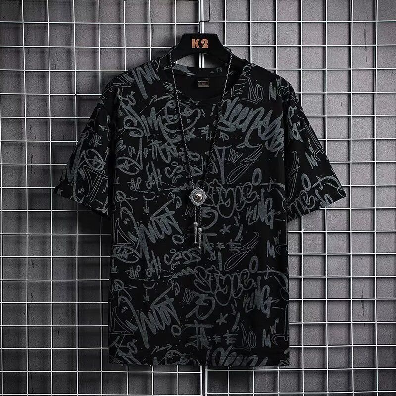 Men's Streetwear Graffiti T-Shirt | Breathable Loose Fit Five-Point Sleeve Shirt | Fashion Loose Crew Neck Casual Tee for Daily & Outdoor Wear