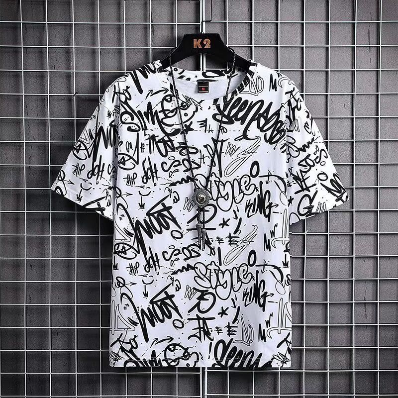 Men's Streetwear Graffiti T-Shirt | Breathable Loose Fit Five-Point Sleeve Shirt | Fashion Loose Crew Neck Casual Tee for Daily & Outdoor Wear