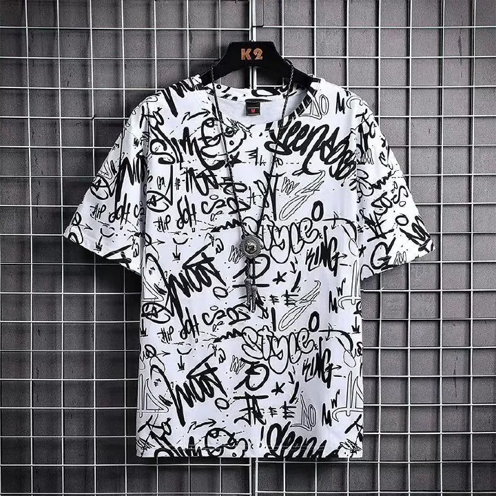 Men's Streetwear Graffiti T-Shirt | Breathable Loose Fit Five-Point Sleeve Shirt | Fashion Loose Crew Neck Casual Tee for Daily & Outdoor Wear