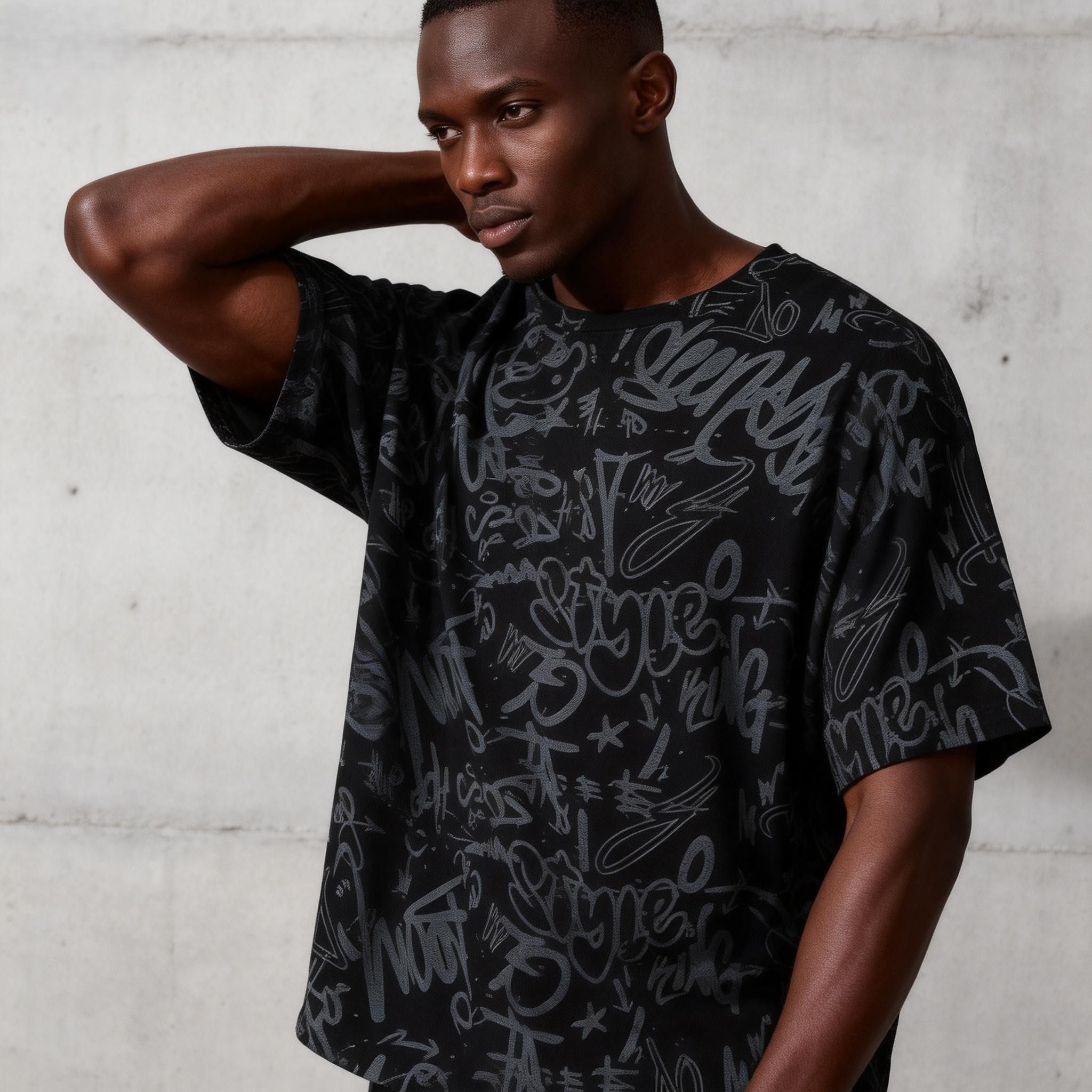 Men's Streetwear Graffiti T-Shirt | Breathable Loose Fit Five-Point Sleeve Shirt | Fashion Loose Crew Neck Casual Tee for Daily & Outdoor Wear