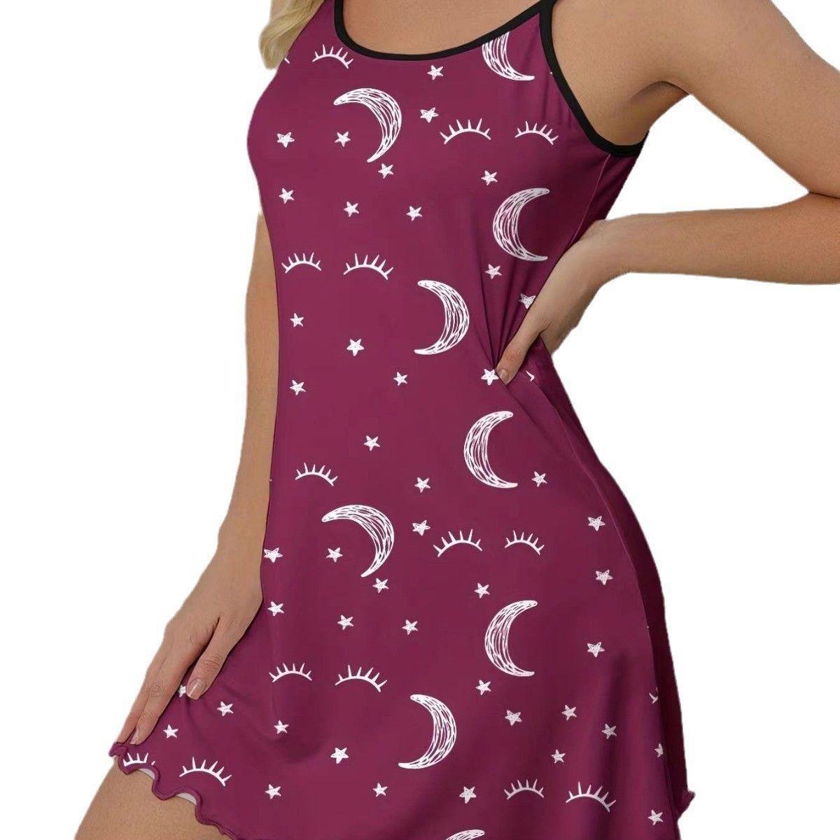 Galaxy Print Lettuce Trim Slip Pajama Nightdress V-neck Sleeveless Pajamas Nighties Women's Sleep Dress