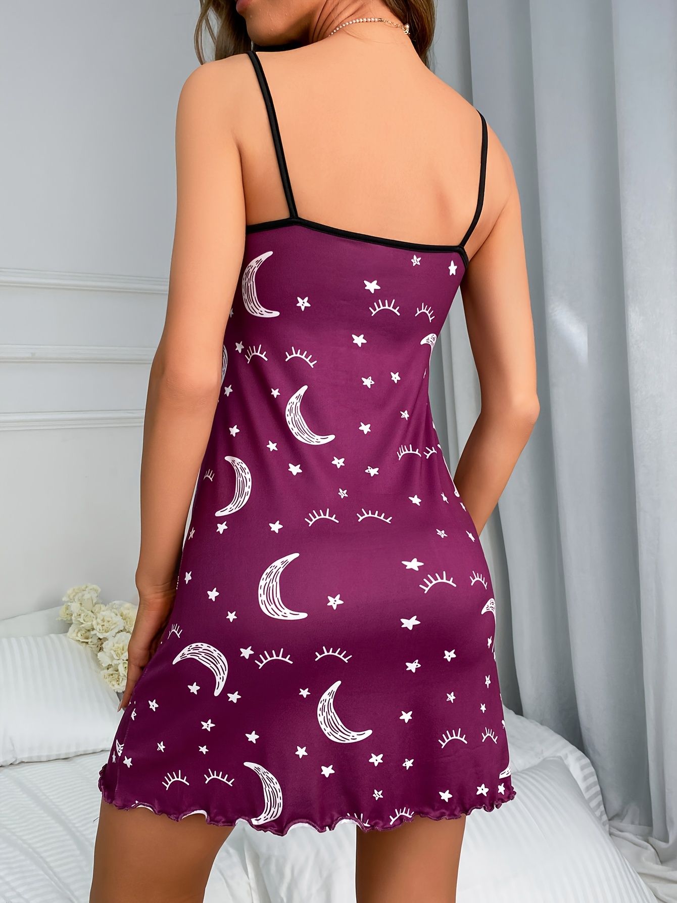 Galaxy Print Lettuce Trim Slip Pajama Nightdress V-neck Sleeveless Pajamas Nighties Women's Sleep Dress