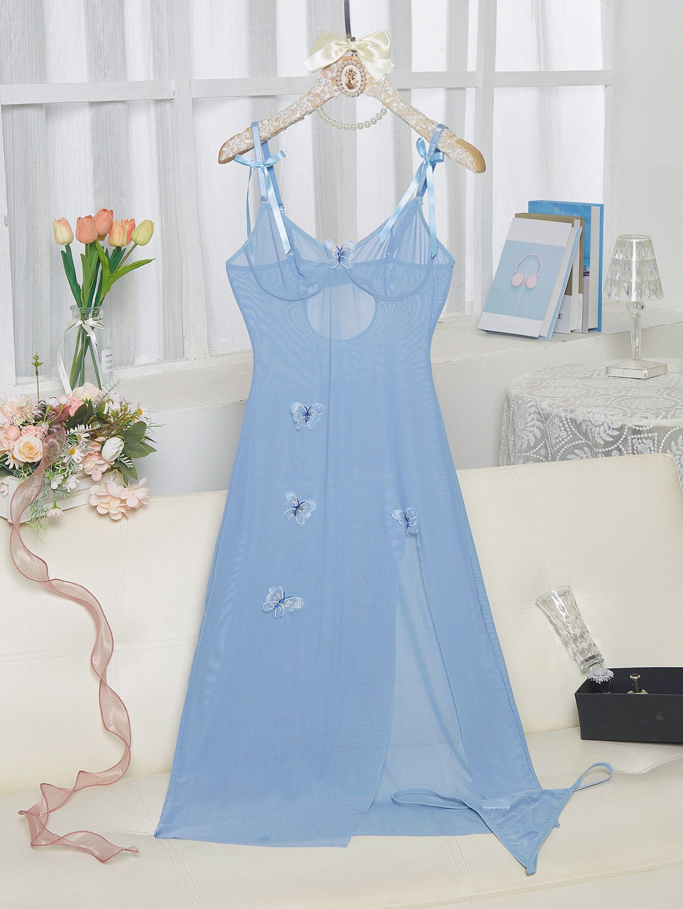 Women's Sexy Butterfly Adhesive Lace Lingerie Dress Set Slit Maxi Dress Wedding Season Erotic Party Dresses