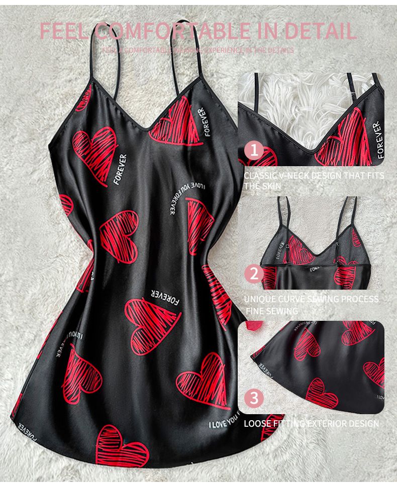 Red Lip Print Satin Slip Nightdress V Neck Backless Mini Sleep Dress Women's Sleepwear Dresses Nightgown Sexy Pajama Valentine's Day