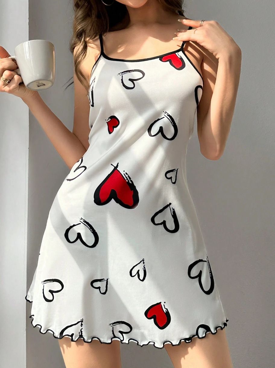Women's Love Heart Letter Cat Floral Print Sexy Frill Trim Sleepwear Dress Round Neck Backless Slip Dress Comfortable Nightgown