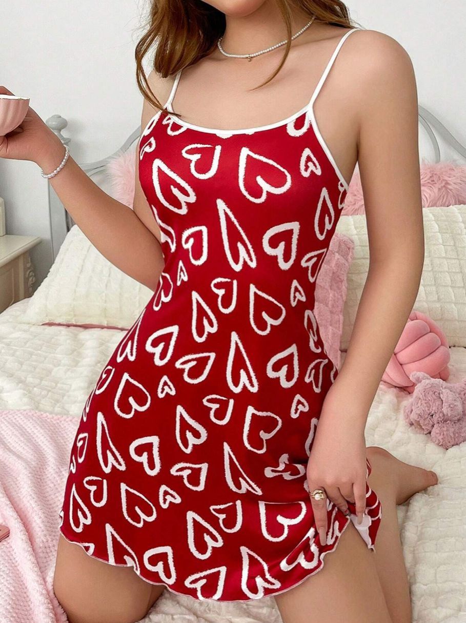Women's Love Heart Letter Cat Floral Print Sexy Frill Trim Sleepwear Dress Round Neck Backless Slip Dress Comfortable Nightgown