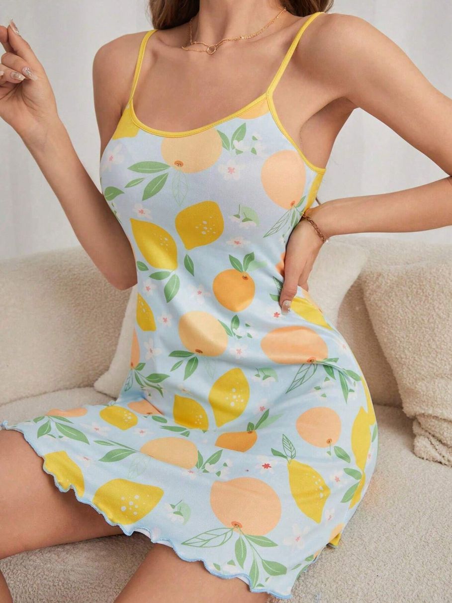 Women's Love Heart Letter Cat Floral Print Sexy Frill Trim Sleepwear Dress Round Neck Backless Slip Dress Comfortable Nightgown
