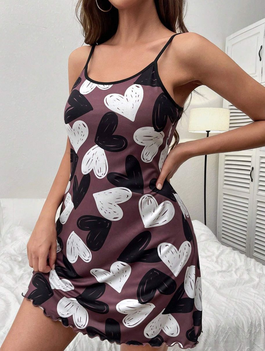 Women's Love Heart Letter Cat Floral Print Sexy Frill Trim Sleepwear Dress Round Neck Backless Slip Dress Comfortable Nightgown