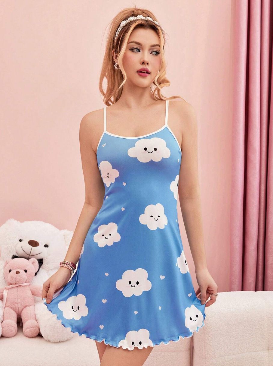 Women's Love Heart Letter Cat Floral Print Sexy Frill Trim Sleepwear Dress Round Neck Backless Slip Dress Comfortable Nightgown