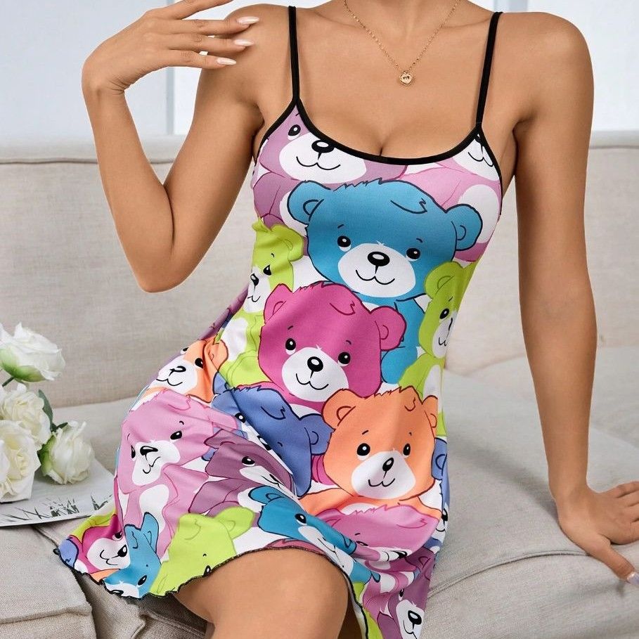Women's Love Heart Letter Cat Floral Print Sexy Frill Trim Sleepwear Dress Round Neck Backless Slip Dress Comfortable Nightgown