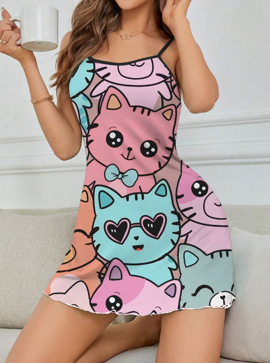 Women's Love Heart Letter Cat Floral Print Sexy Frill Trim Sleepwear Dress Round Neck Backless Slip Dress Comfortable Nightgown