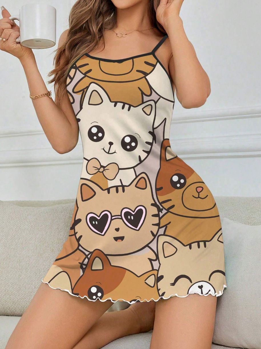 Women's Love Heart Letter Cat Floral Print Sexy Frill Trim Sleepwear Dress Round Neck Backless Slip Dress Comfortable Nightgown
